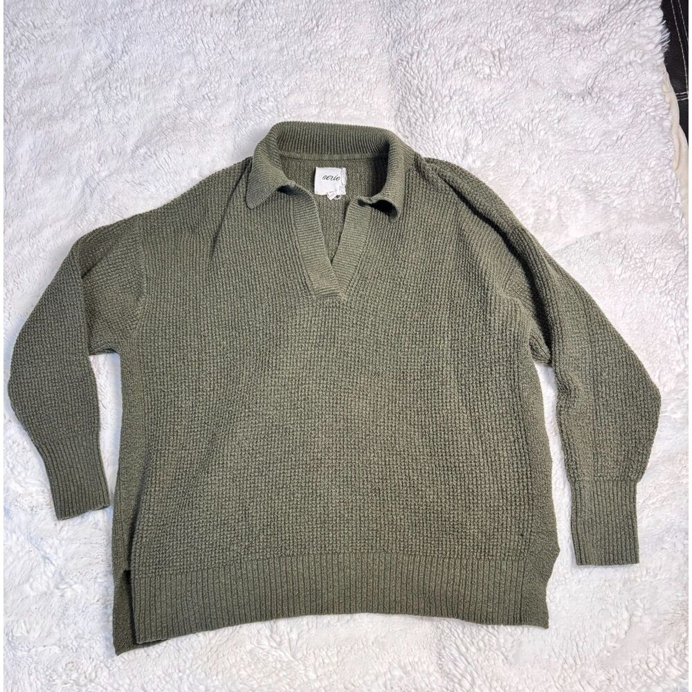 Aerie Olive Green Collared V Neck Knit Sweater Size Small Cozy Preppy Pullover